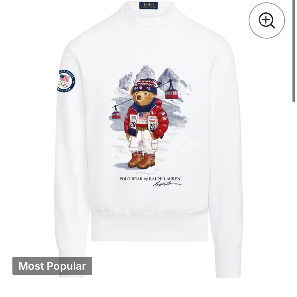 US Olympics Polo by Ralph Lauren White Sweatshirt with Ski Bear Graphic